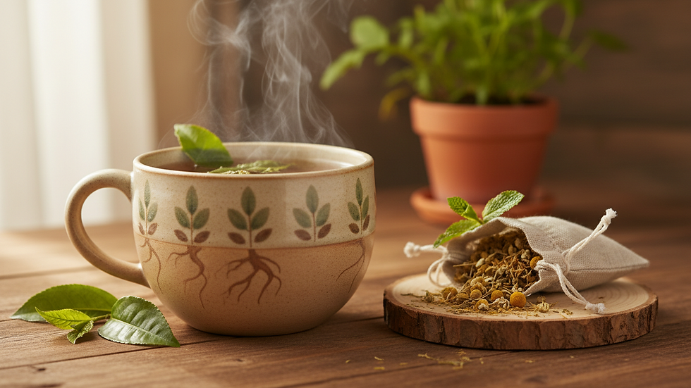 Close-up of a natural herbal tea cup on a wooden table