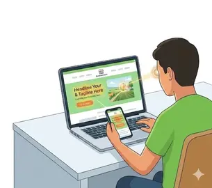 אילוסטרציה מודרנית של משתמש מביט במסך מחשב המציג אתר עסקי פשוט וממוקד. אזור כפתור הפעולה והכותרת מודגשים בעדינות כדי להמחיש את מיקוד המבט של הגולש ב-5 השניות הראשונות של הכניסה לאתר.