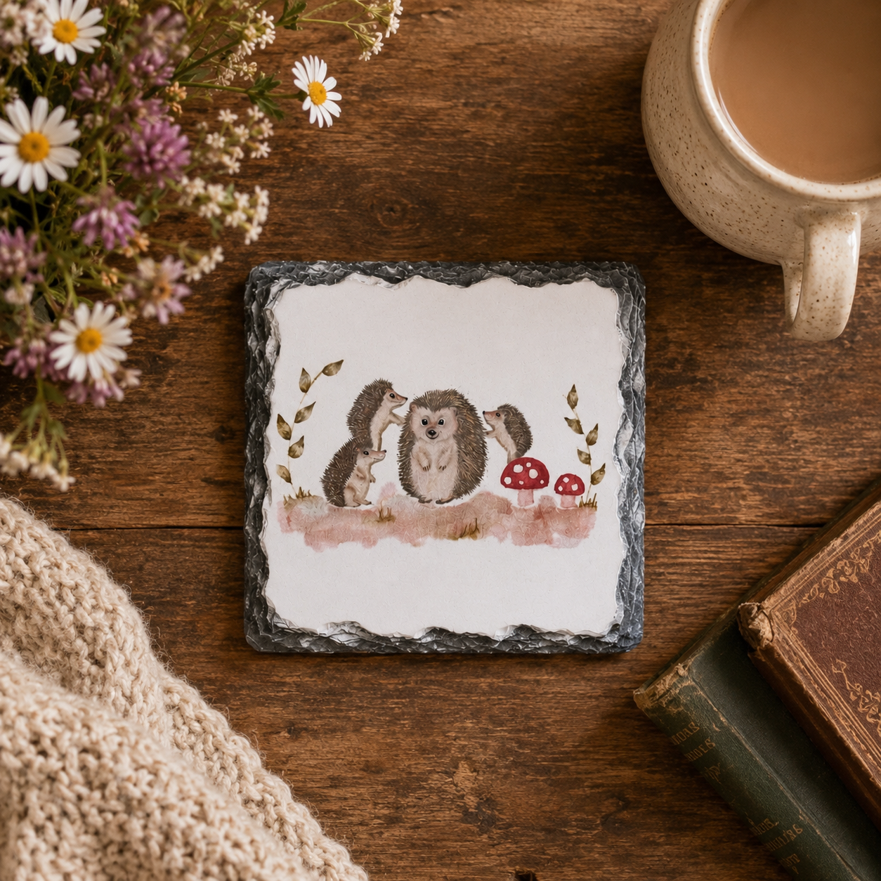 Woodland Hedgehog Slate Coaster – Rustic Nature Home Gift UK