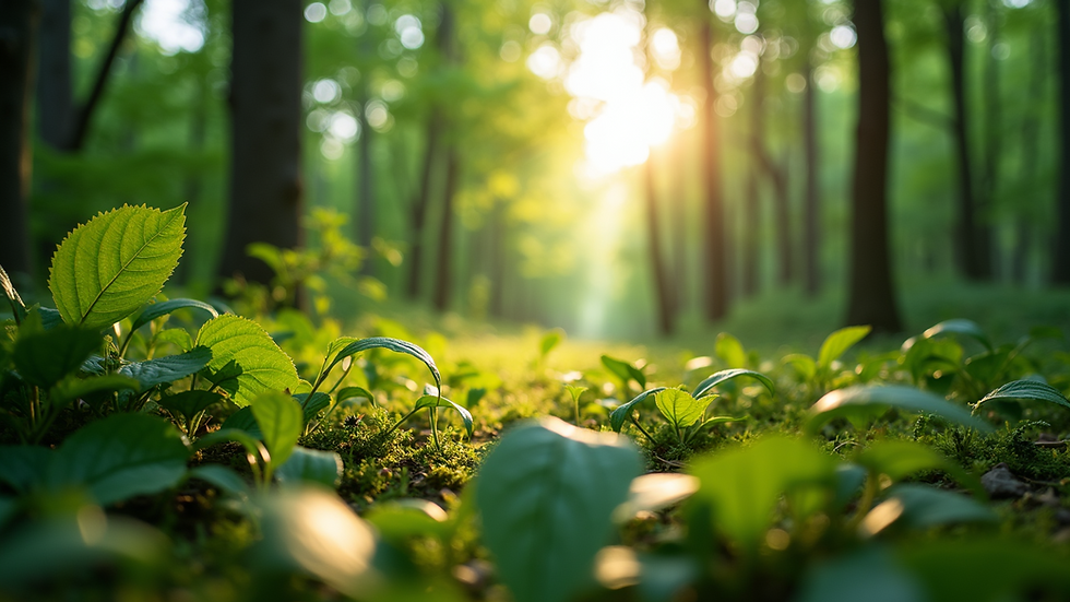 Eye-level view of a lush green forest with sunlight filtering through the leaves
