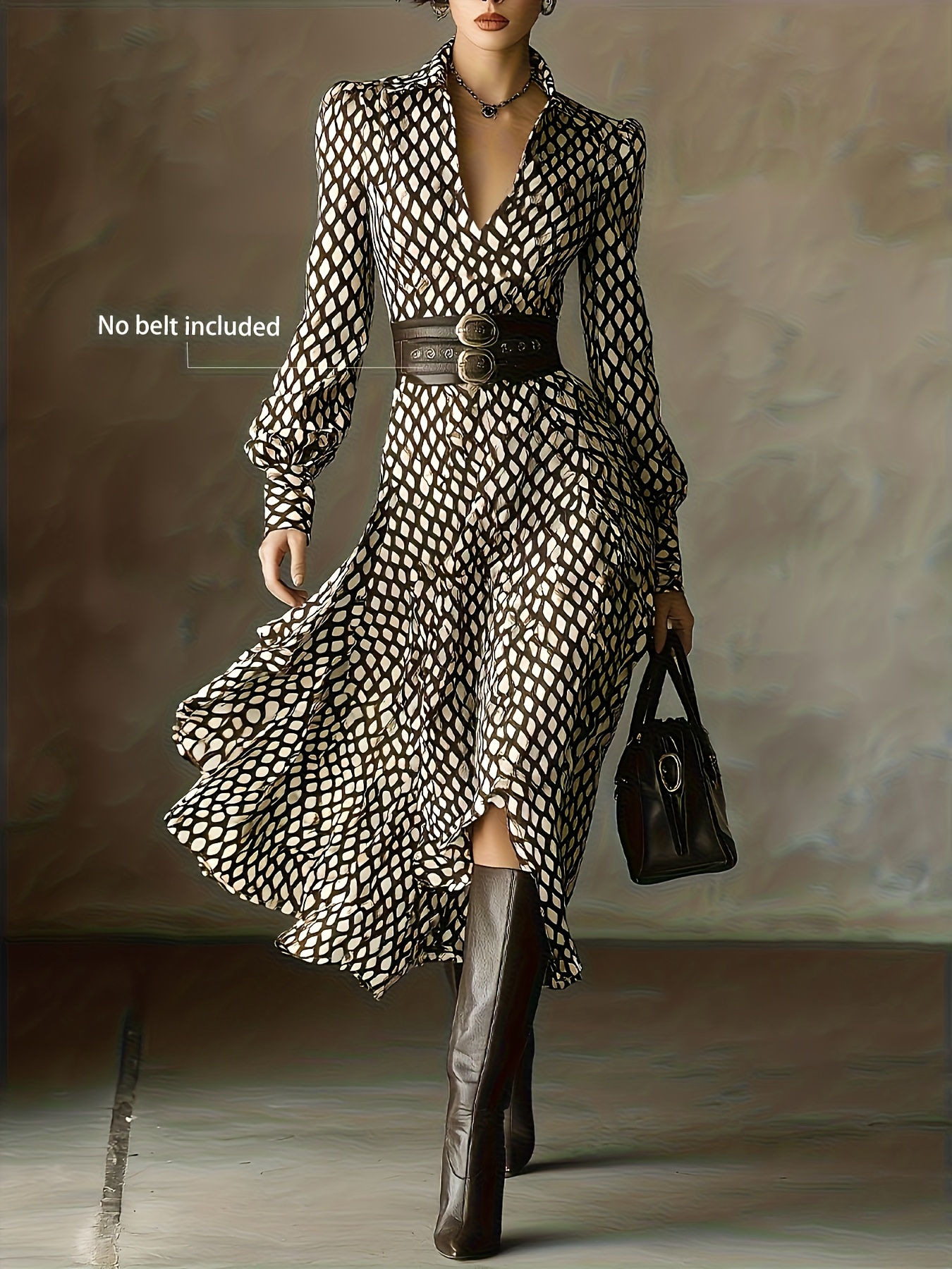 Vestido-camisa feminino de manga longa com gola, vestido midi evasê com estampa
