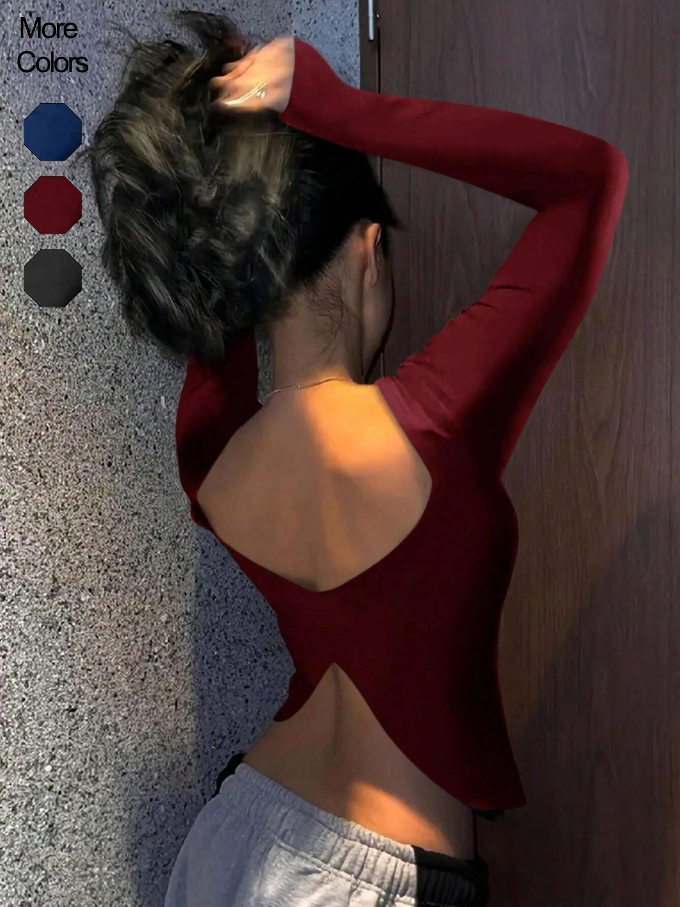 Camiseta feminina de manga comprida com gola redonda e cor sólida slim fit estil