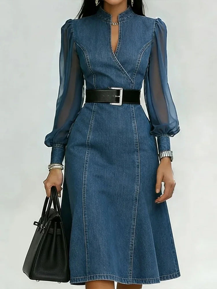 Vestido verão Mulheres Tule Puff Manga Longa