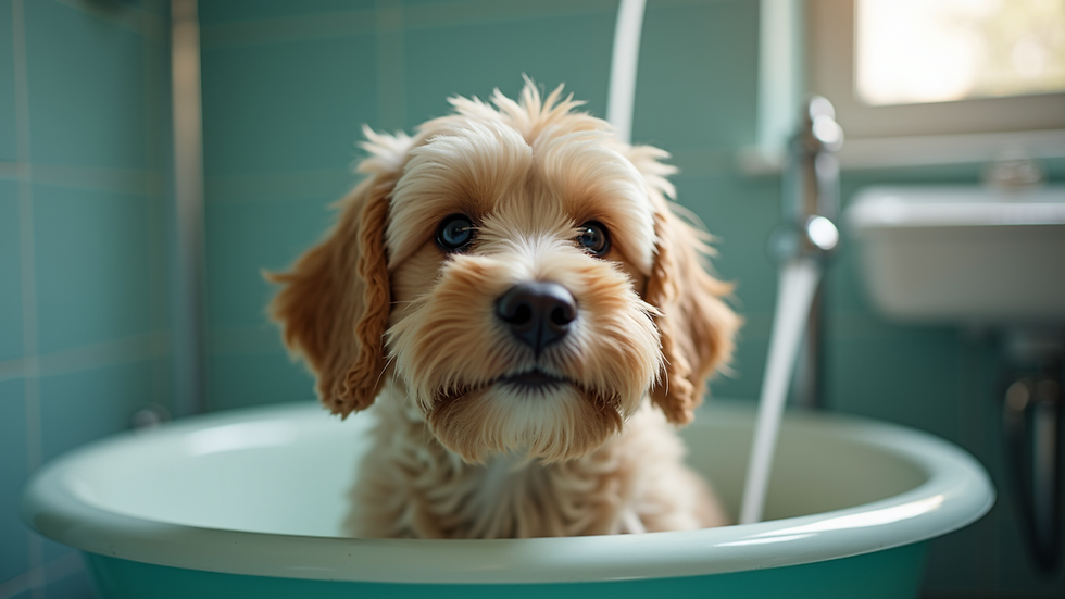 Eye-level view of a calm dog getting a gentle bath in a grooming tub