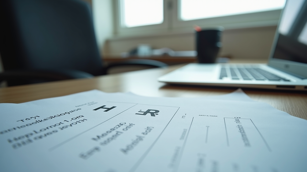 Eye-level view of office desk with HR documents and laptop