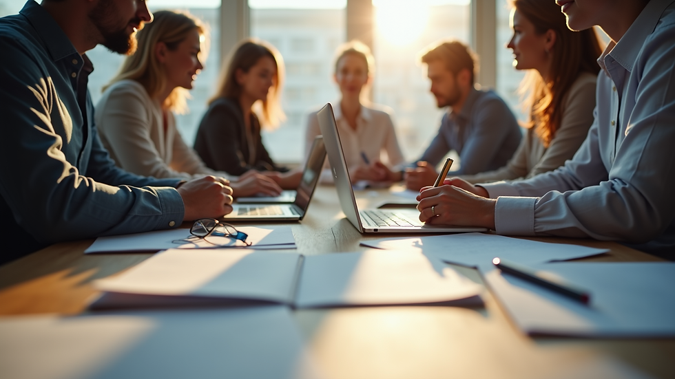 Eye-level view of a team collaborating around a table with laptops and notes