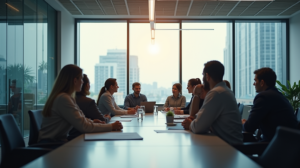 Eye-level view of modern office meeting room with people discussing