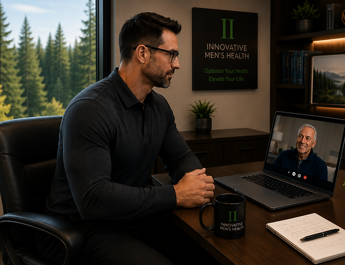 Innovative Men's Health clinician conducting a secure telehealth video consultation with a patient from a modern office overlooking Pacific Northwest forest