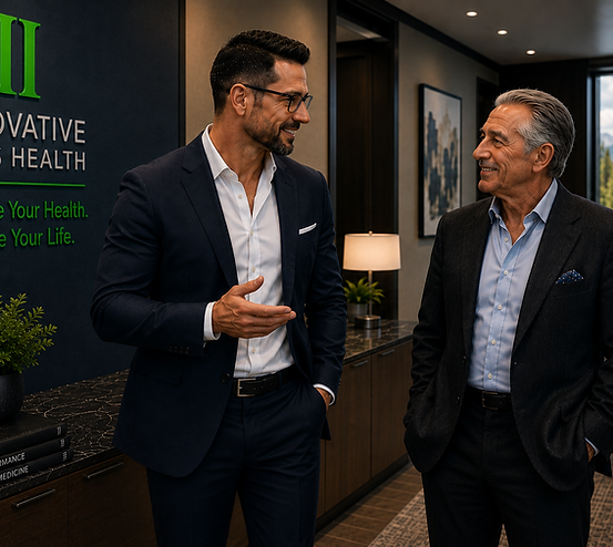 Innovative Men's Health provider speaking with a mature patient in a modern Bellevue clinic lobby focused on longevity and performance