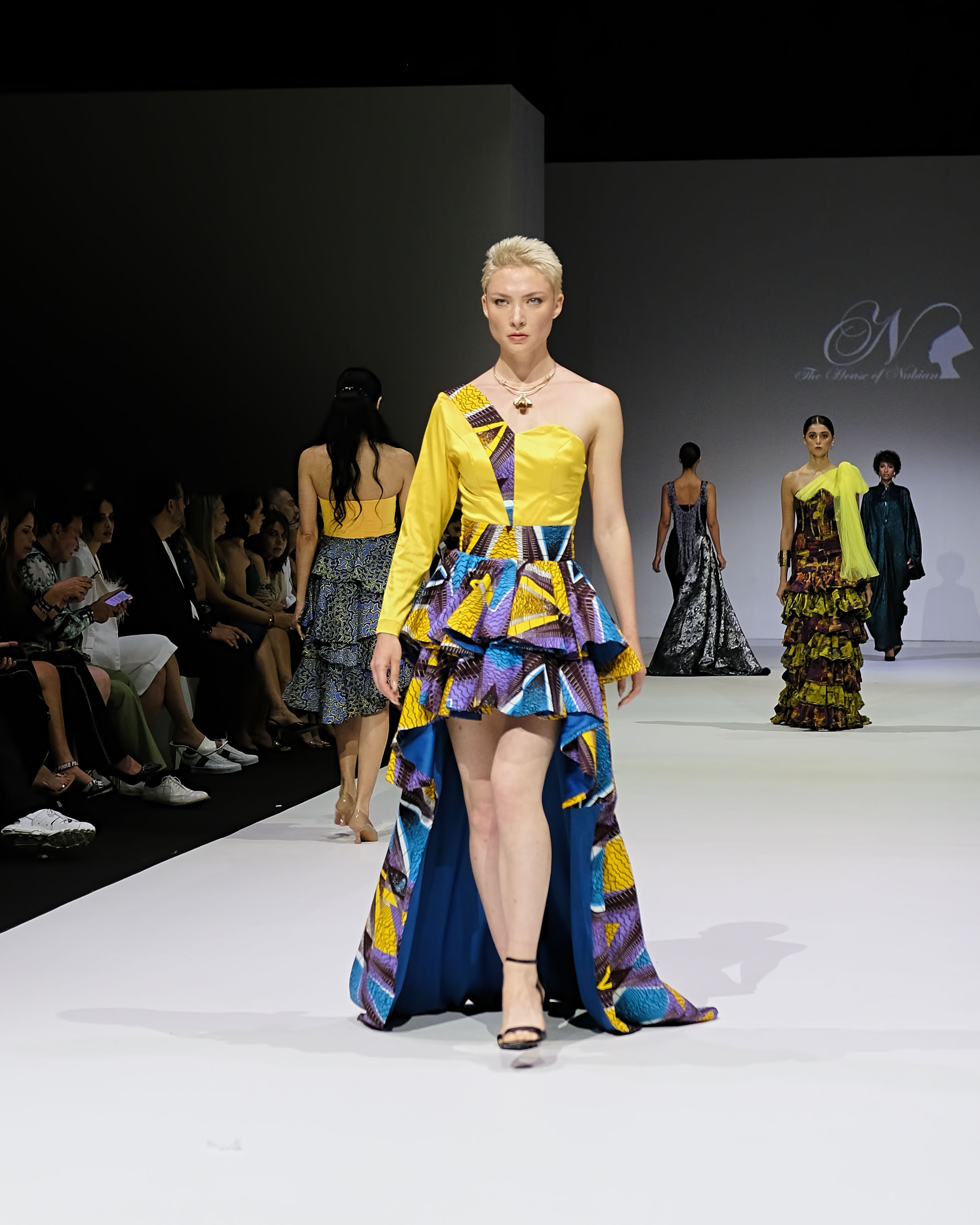 Off the shoulder yellow dress printed skirt