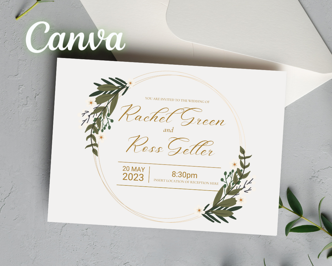 Green and gold wedding invitation