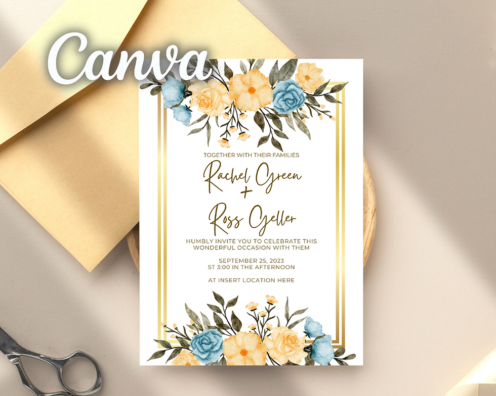 Wedding invitation Canva template yellow and blue flowers