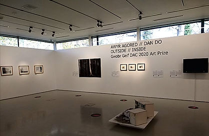 Gallery space during DAC 2020 Art Prize exhibition. White walls with artwork at a distance.