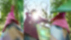 A triptych of a woman spinning round. She is wearing a pink top and holding a green shawl.