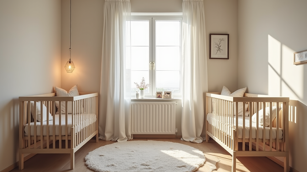 Wide angle view of cozy twin nursery with two cribs