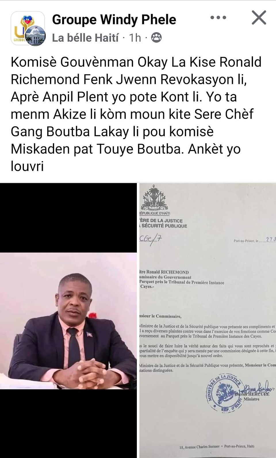 Several government commissioners with whom I have conversed have alleged that the former government commissioner, Ronald Richmond, conducted arbitrary actions within the judicial system in Les Cayes, Haiti. According to them, Richmond maintains a cadre of preferred attorneys. If a victim seeks a judicial action in Aux Caye's district court, it is imperative to retain legal representation from Richmond's inner circle; failure to do so may result in an unfavorable case outcome. This circumstance was among the chief motivations prompting my premature departure from Aux Cayes after completing my legal studies. The prevailing issue pertains to influence as opposed to the administration of justice. The potential dismissal of Ronald Richmond would signify culpability for wrongful misdemeanors. Should such occur, appropriate accountability must be assumed before any attempts to depart from Haiti. Failing this, the current government prosecutor, James Jean-Louis, could soon be implicated for complicity in these matters. I cannot passively observe these developments and express my intent to refrain from pleading before the new government prosecutor, James Jean-Louis.