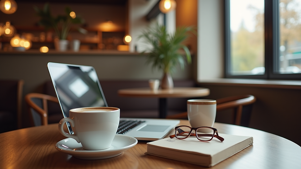 Eye-level view of a cozy café with a laptop and travel essentials