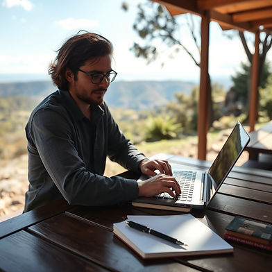 A person working on a laptop at an outdoor table with a wide open view in the background, 
