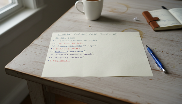 Overhead view of a handwritten timeline on a wooden table.