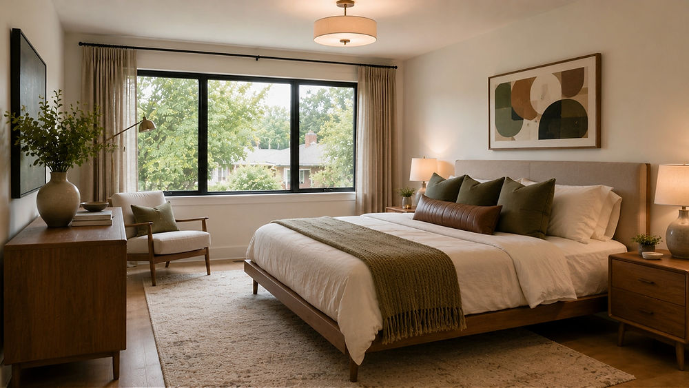 Bedroom property styling with green throws and wood furniture