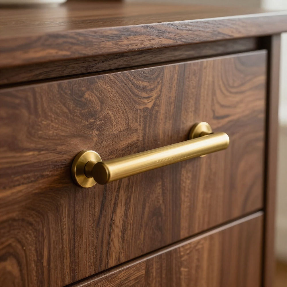 Brass pull on dark wood for hardware upgrades