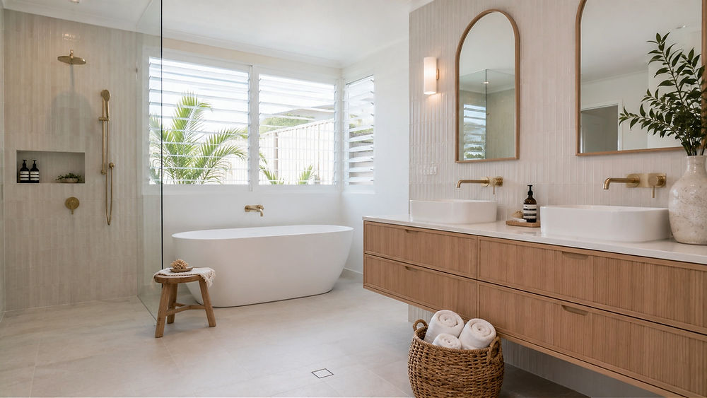 Styled modern bathroom with tub and wooden vanity