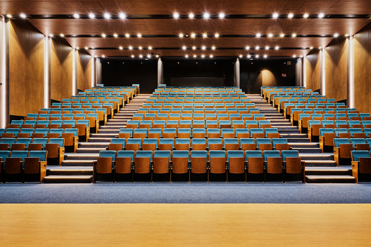 chairs, lights, stage, carpet, timber flooring, auditorium, catholic school, primary school, secondary schools https://www.brucerobinsonphotography.com.au/architecture