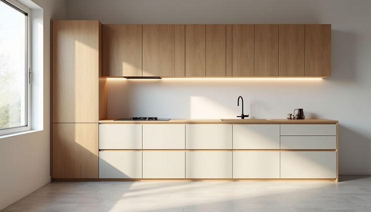 Close-up view of a minimalist kitchen with recycled wood cabinets and energy-efficient lighting