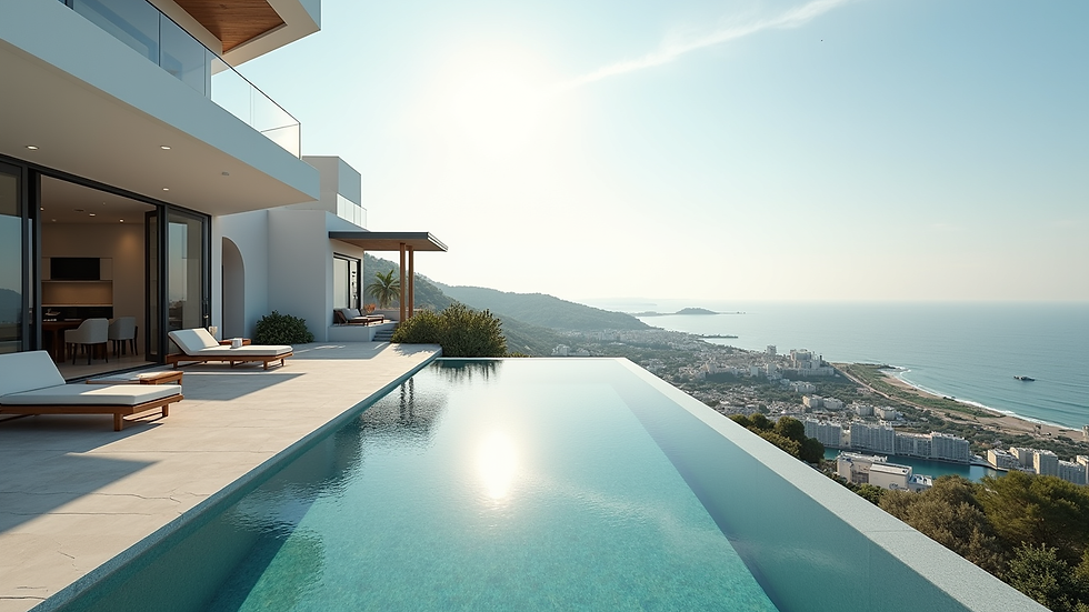 Wide angle view of a luxury villa overlooking a coastal cityscape