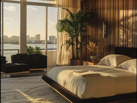 A room with a bed draped in white sheets, a beautiful wallpaper, a few plants in the room and a sea facing view. 