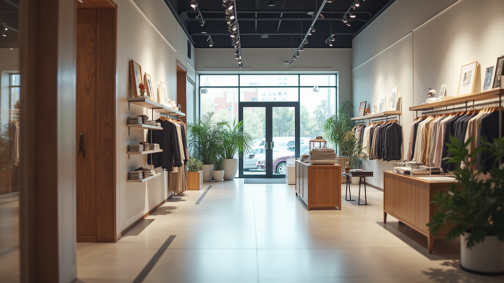 High angle view of retail store interior with clear signage and modern fixtures