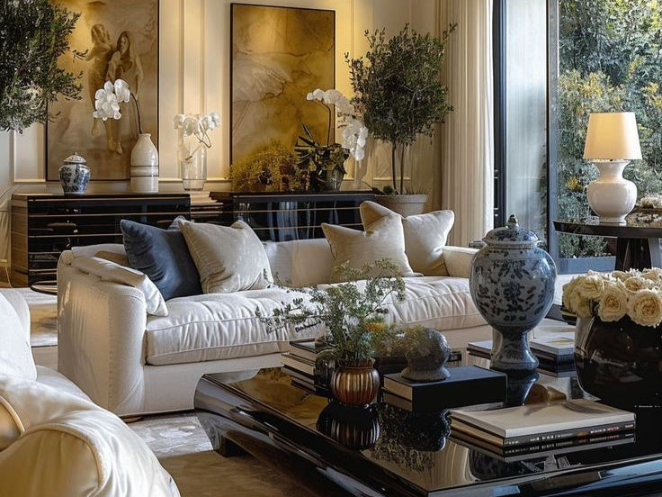 A Chinese inspired room with lamps, a white sofa, a flowers in a vase, plants around the living room and a few books on the table.