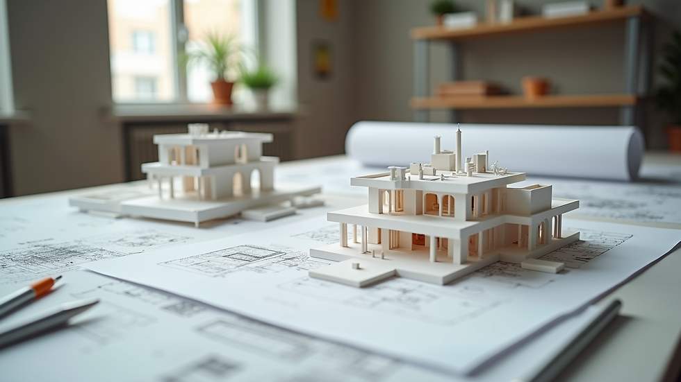Close-up view of architectural model and design tools on a studio table