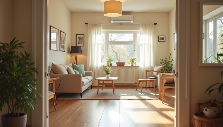 Eye-level view of a cozy assisted living apartment with natural light and comfortable furnishings
