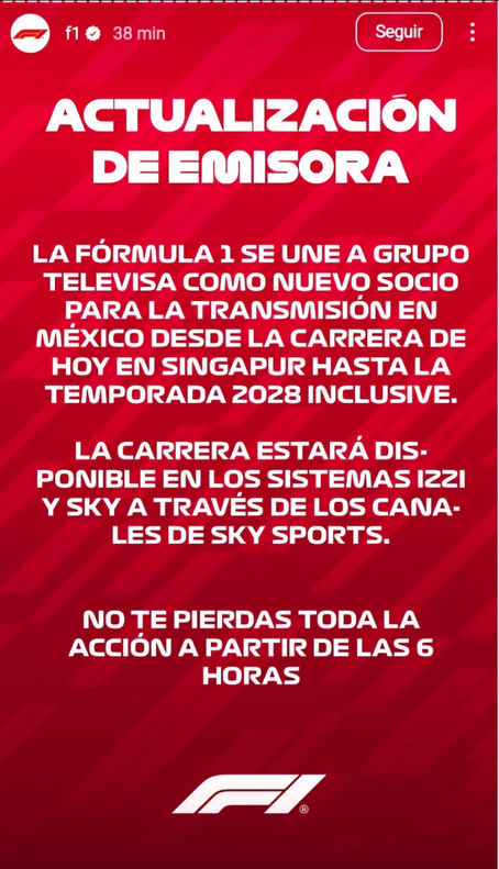 FÓRMULA 1 CAMBIA DE TELEVISORA EN MÉXICO