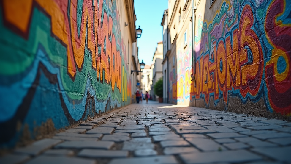 Eye-level view of a vibrant street art mural