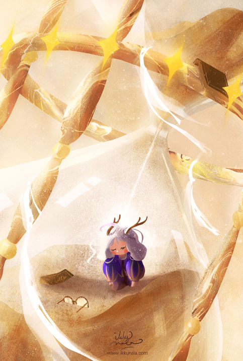 hourglass artwork, white hair princess, ilustrasi buku anak, ikku nala 2022, buku cerita anak, ilustrasi klasik, vintage art, illustration, digital illustration, ilustrator indonesia, jam pasir, sand clock