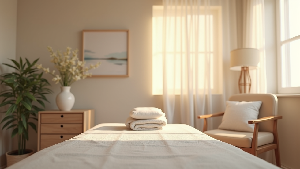 Eye-level view of a serene therapy room with soft lighting and calming decor