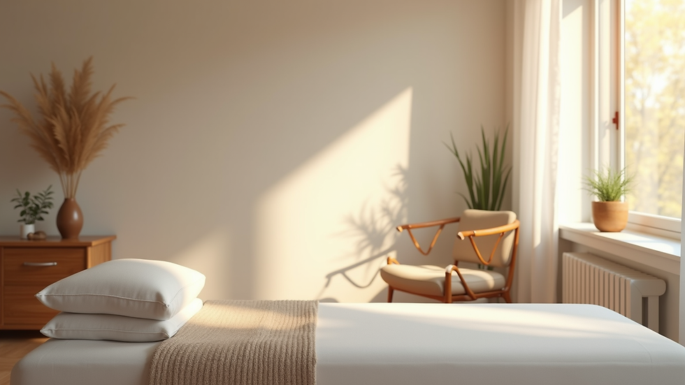 Eye-level view of a serene therapy room with soft lighting and calming decor
