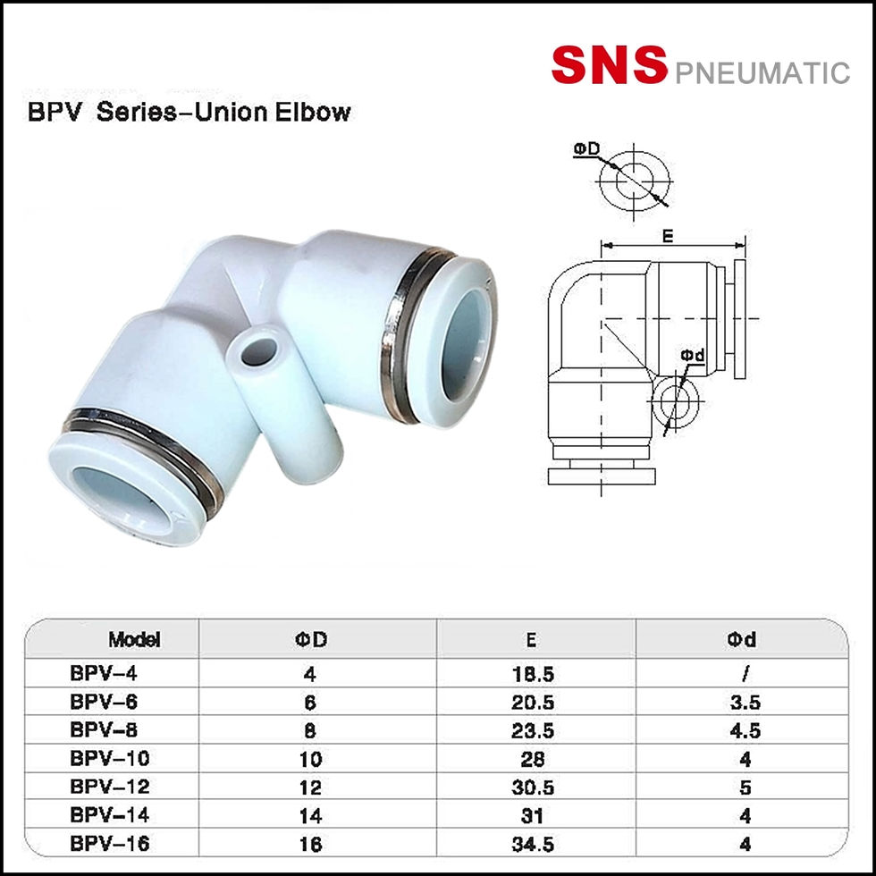 ภาพขนาดย่อ: SNS BPV Union Elbow White Fitting -ข้อต่อนิวเมติกส์งอ 90 เสียบสายลมสองด้าน สีขาว