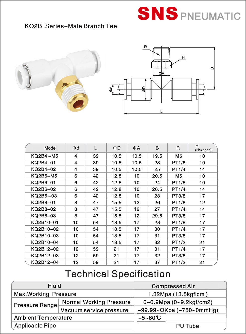 ภาพขนาดย่อ: SNS KQ2B Male Branch Tee White Fittings - ข้อต่อลมนิวเมติกส์สีขาว 3 ทางเกลียวนอก