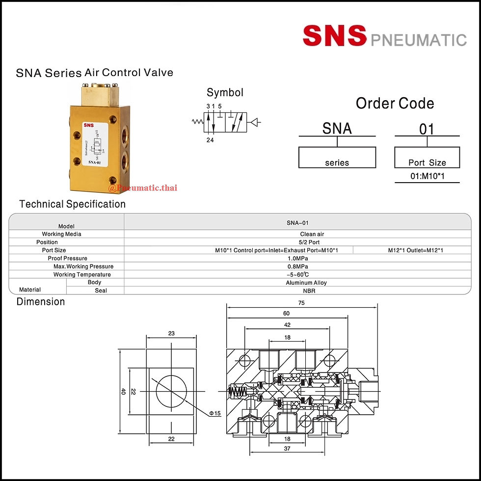 ภาพขนาดย่อ: SNS SNA-01 Air Control Valve 3/2  Port-วาล์วควบคุมทิศทางลมขนาดเล็ก แบบ 3/2 พอร์ต
