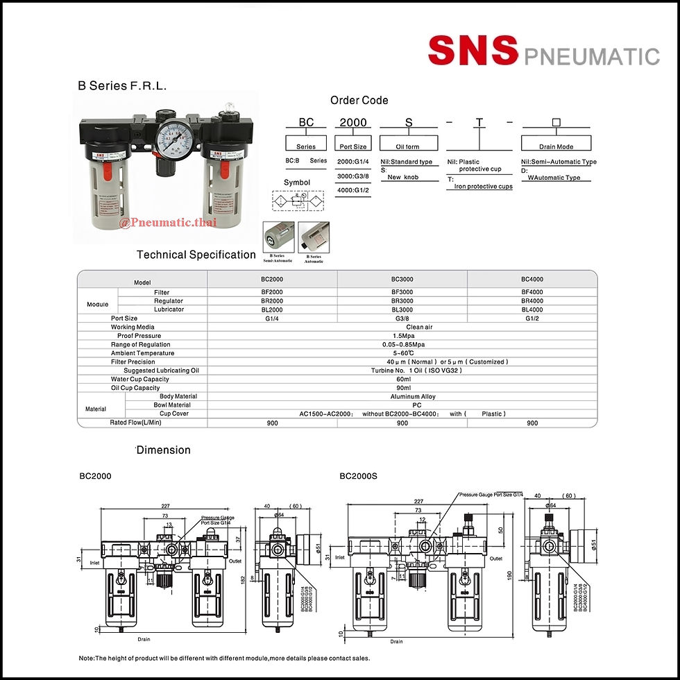 ภาพขนาดย่อ: SNS BC Air Filter+Regulator+Lubricator - ชุดอุปกรณ์กรองอากาศลมพลาสติกแบบ 3 ชิ้น