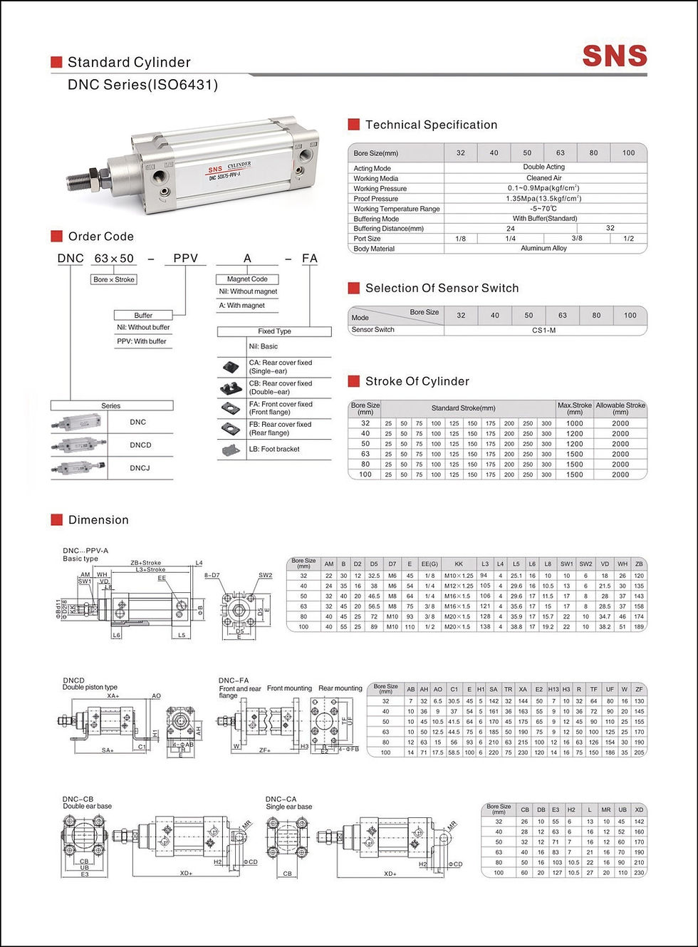 ภาพขนาดย่อ: SNS DNC-Cylinder กระบอกสูบมาตรฐาน ISO6431 เป็นกระบอกลมนิวเมติกส์ double acting