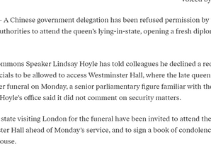 Chinese delegation barred from viewing Queen Elizabeth’s coffin in parliament