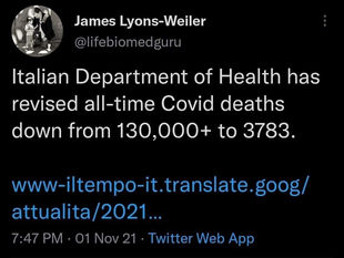 Italian Department of Health has revised all-time Covid deaths down from 130,000+ to 3783.
