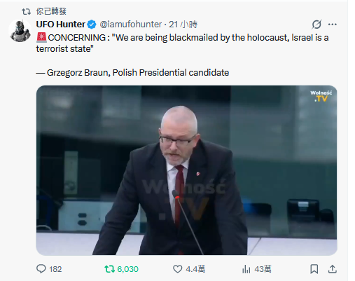 CONCERNING : "We are being blackmailed by the hoIocaust, lsraeI is a terrorist state"— Grzegorz Braun, Polish Presidential candidate