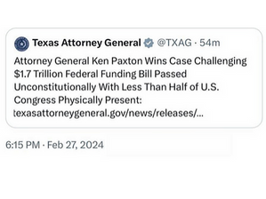 Paxton Wins Case Challenging $1.7 Trillion Federal Funding Bill Passed Unconstitutionally