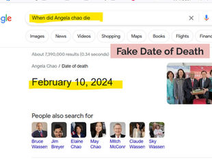 Google lies about Angela Chao's date of death! They definitely colludes with Great Harlot Peng Liyuan to broadcast fake video news! 