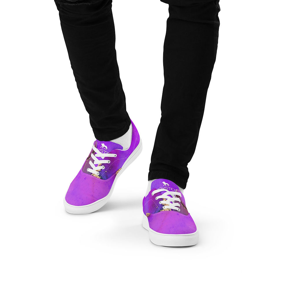 Thumbnail: Fierce lion logo vivid purple with molten lava stripe shoes model wearing shoes view.